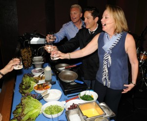 Cary Hardwick, Dave Koz & Laurie Sisneros giving a Greek cooking demo at Spaghettini in Seal Beach, California (photo by David Hopley)